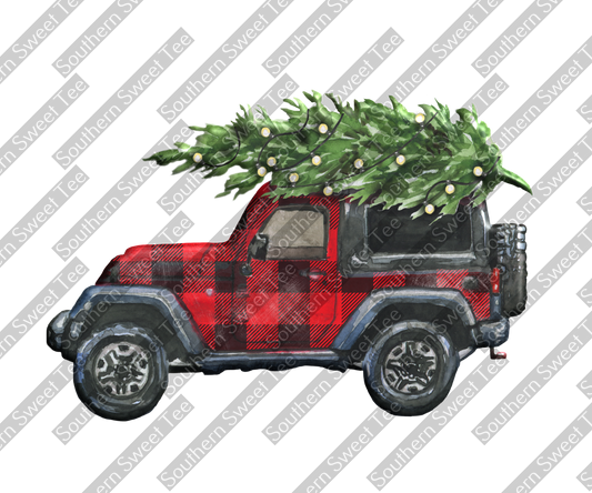 red flannel jeep with tree .bnb